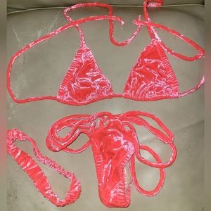 NWOT Sexy Handmade Triangle Top Spider Thong Stripper Velvet Feeling Pink Bikini